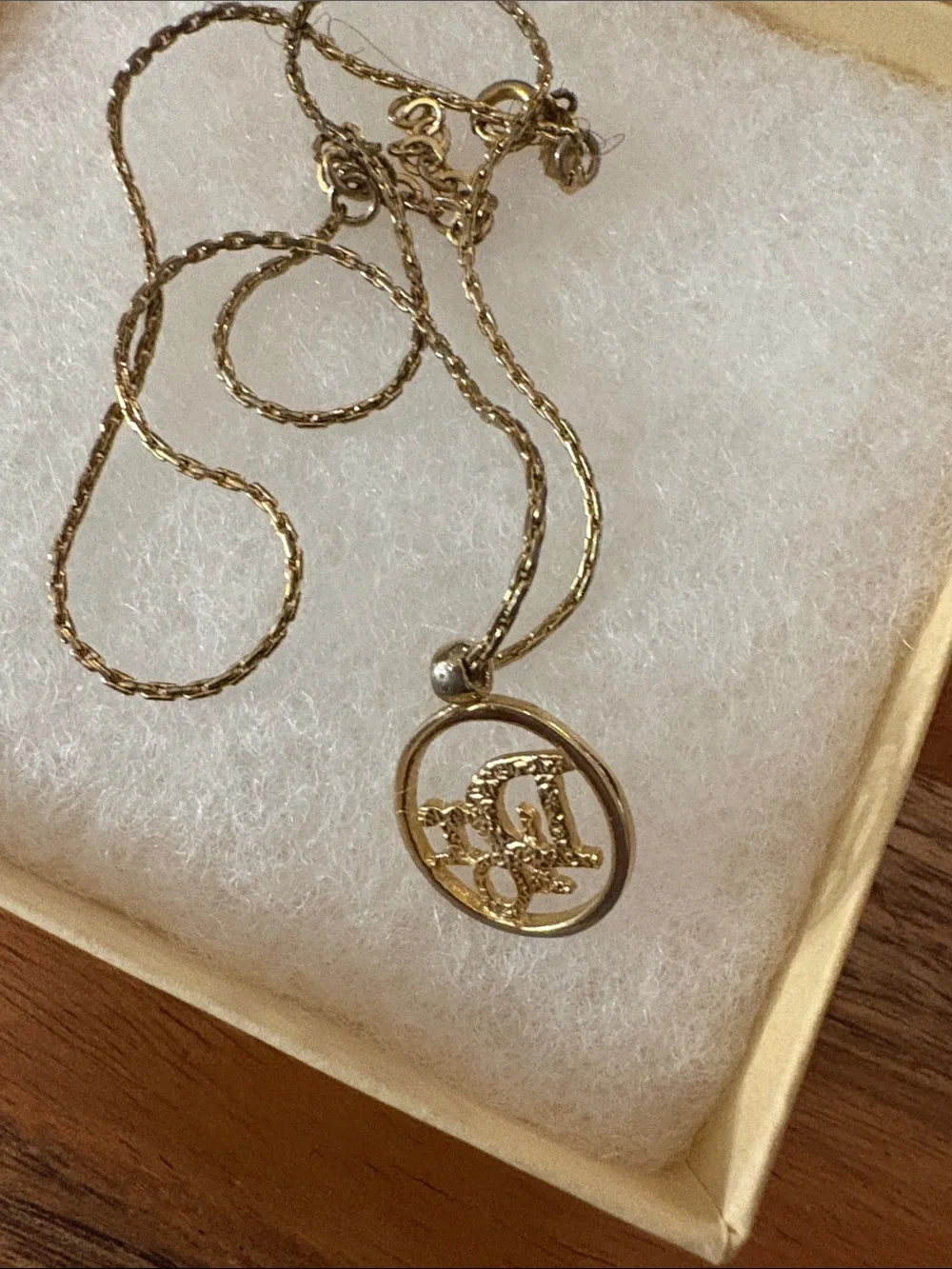 Dior Gold Round Pendant Necklace with Script Letter